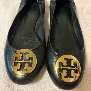 Tory Burch Black Flats with Gold Emblem